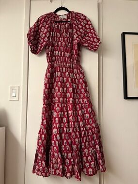 The Fox and the Mermaid Venice- Red Block Printed Tiered Maxi Dress by